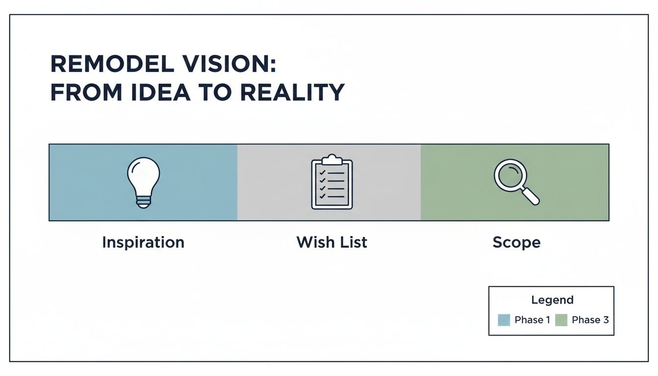 A remodel vision diagram outlining steps from idea to reality: Inspiration, Wish List, and Scope.