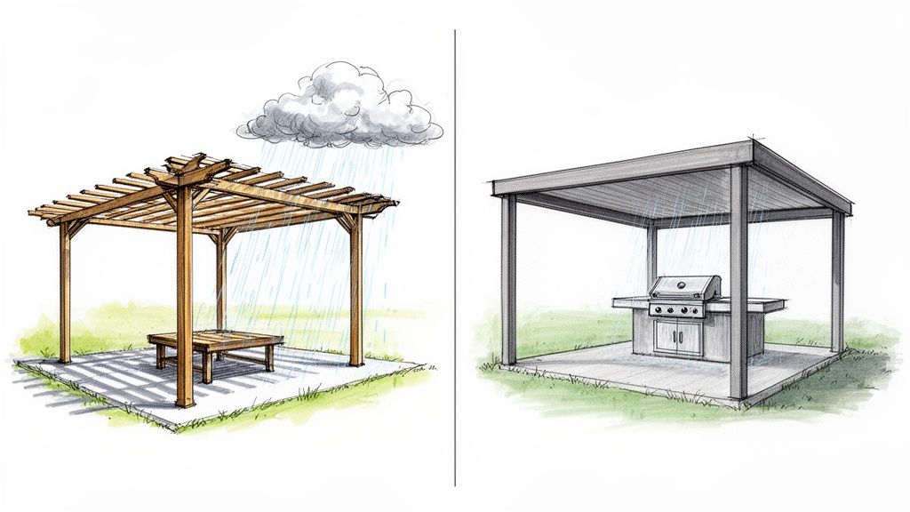A wooden pergola allows rain through its slatted roof, while a solid covered patio protects a BBQ.