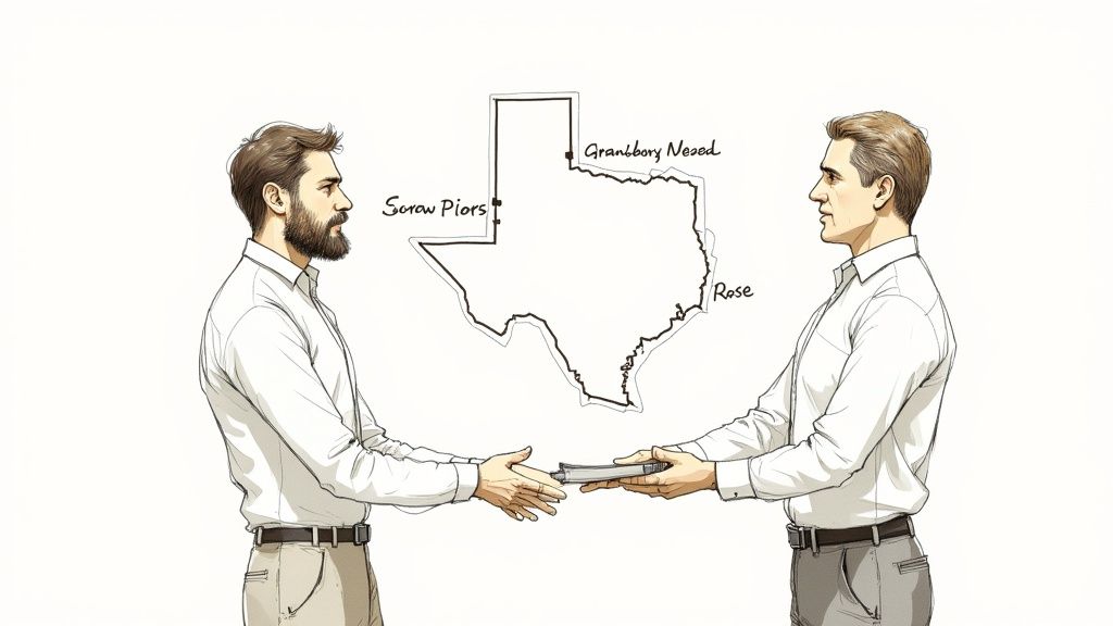 Two men in business attire exchanging documents over a map of Texas with labeled cities.