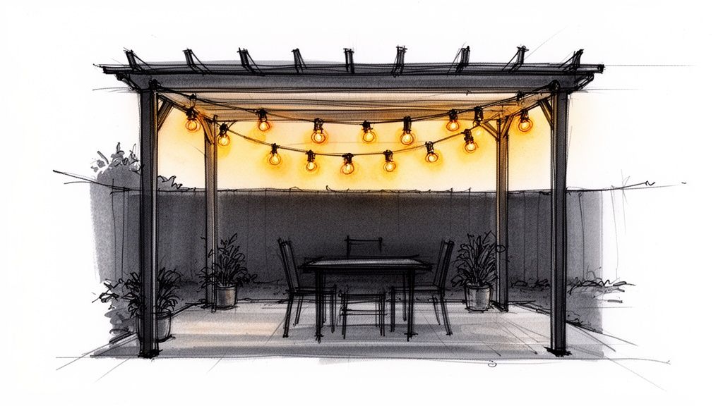 Hand-drawn sketch of a backyard pergola with string lights, dining table, chairs, and potted plants.