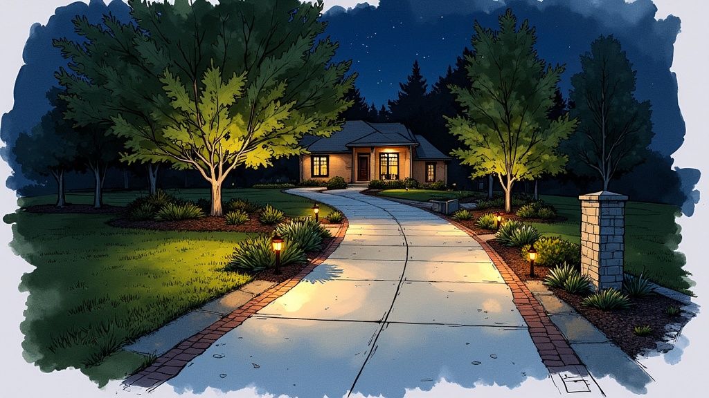A charming house at night with a curved, illuminated driveway and lush garden landscaping.