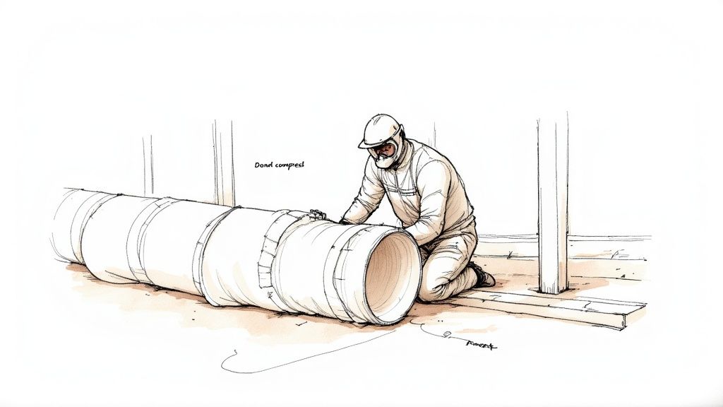 A worker in protective gear kneels, installing insulation around a large HVAC duct on a concrete floor.