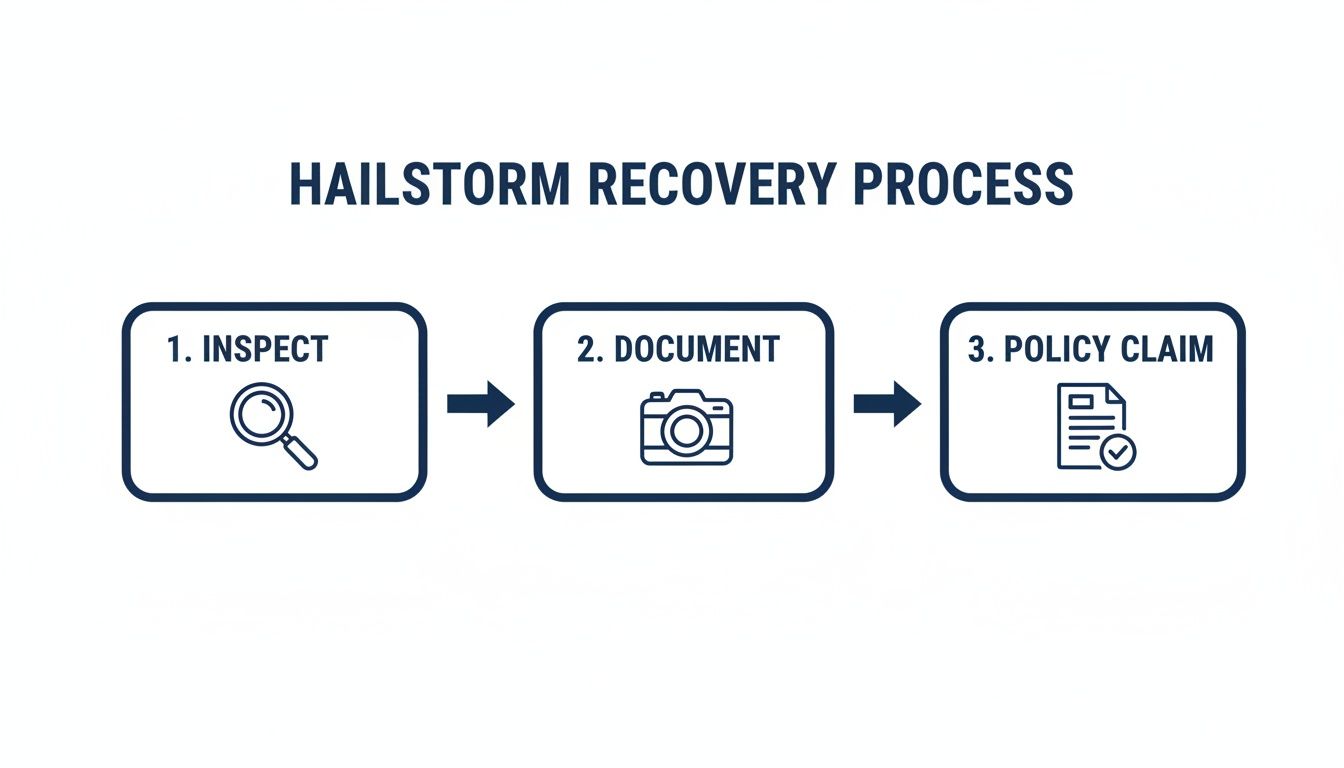 Flowchart outlining the hailstorm recovery process: inspect damage, document evidence, and file a policy claim.