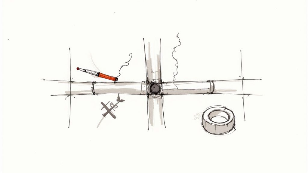 A detailed sketch illustrates a cross-shaped HVAC duct connection with surrounding tools and components.