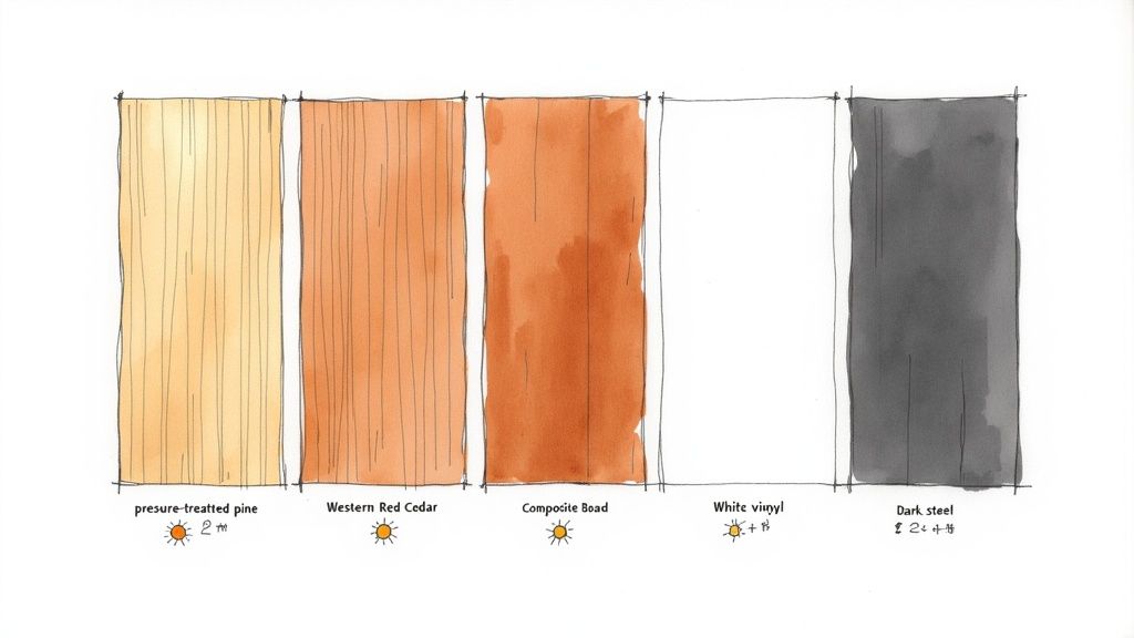 Illustration comparing five building material samples: pine, cedar, composite, white vinyl, and dark steel.