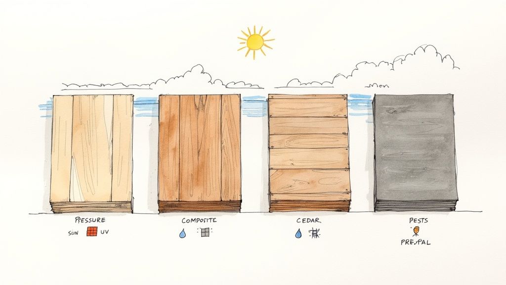 Watercolor illustration comparing four common deck building materials: Pressure-treated, Composite, Cedar, and a pest-resistant option.
