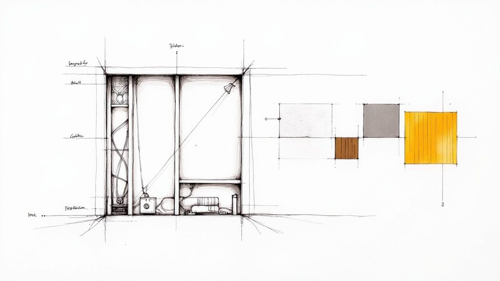 Detailed architectural sketch showing a building section with internal systems and material samples.