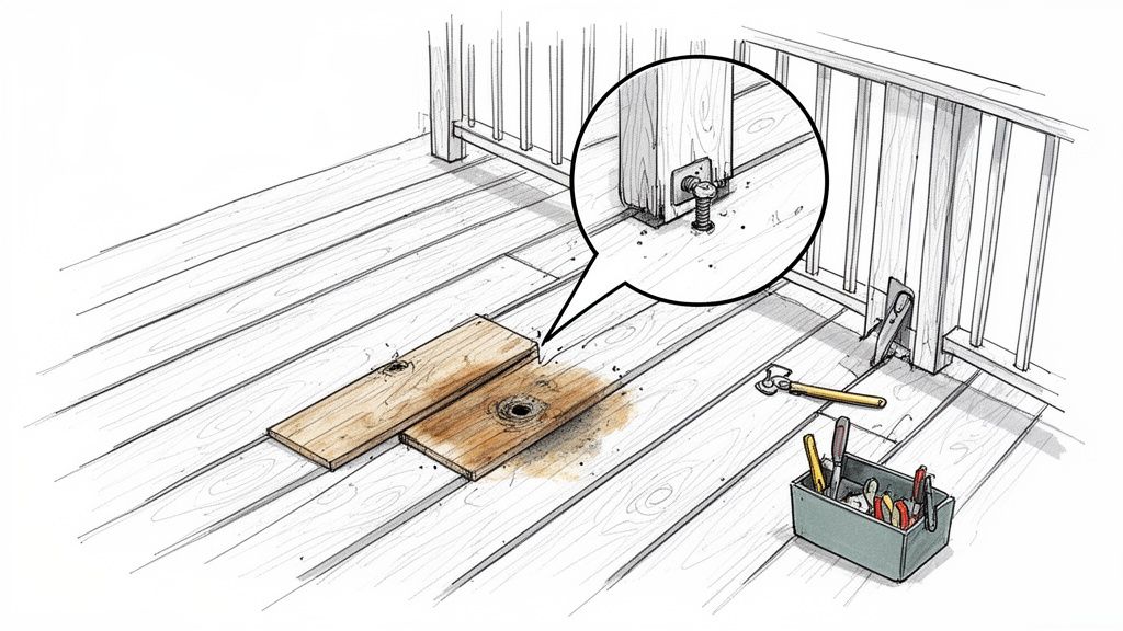 Diagram of deck maintenance, showing removed wooden planks, water damage, and a post's leveling bolt.