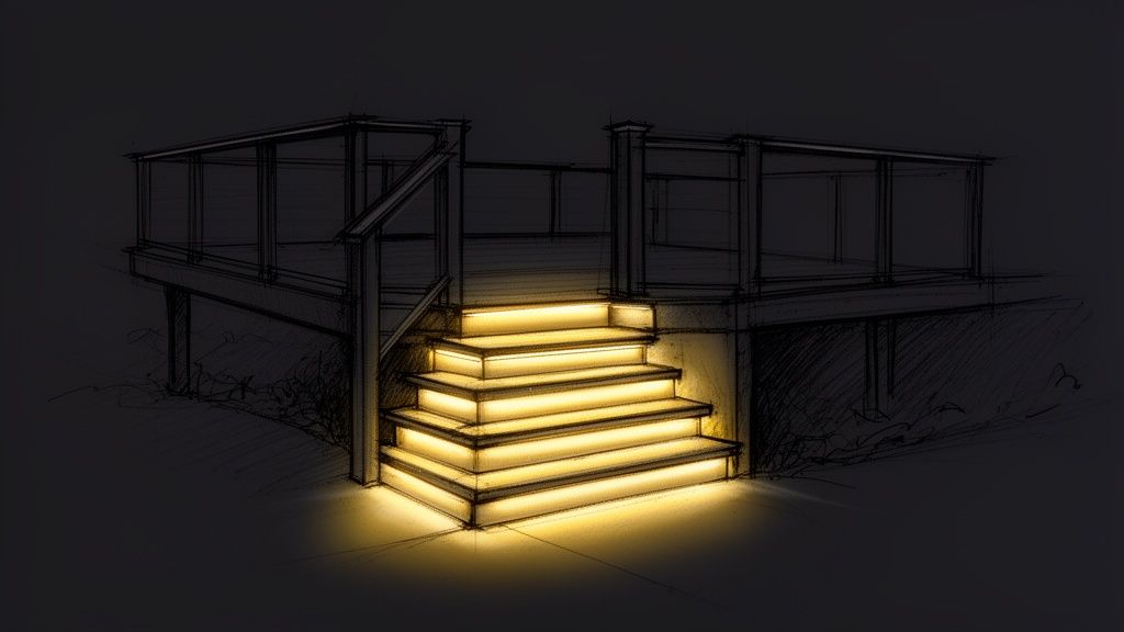 A conceptual sketch of outdoor stairs leading to a deck, brightly illuminated with warm lights.