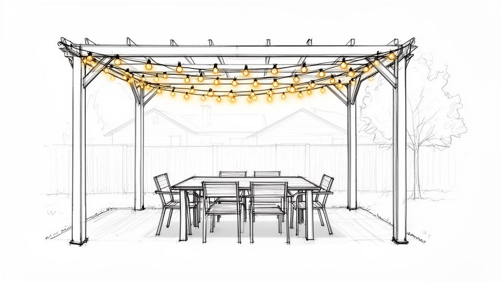 A sketch of a backyard pergola adorned with glowing string lights over an outdoor dining set.