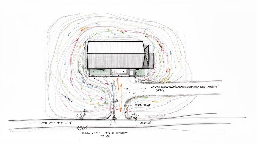 Hand-drawn site plan depicting a building with complex wind flow, drainage, and access points.