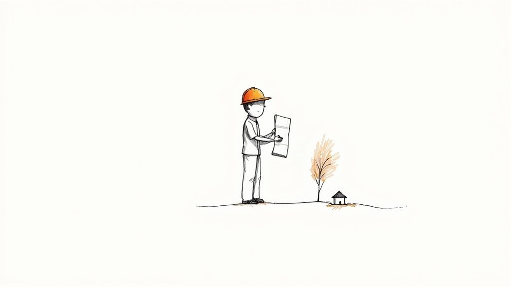 A simplified drawing of a person in a hard hat holding blueprints, next to a tree and tiny house.