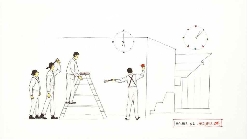 Hand-drawn illustration of men working on a house with ladders, clocks, and 'HOURS $: HOURS' text.