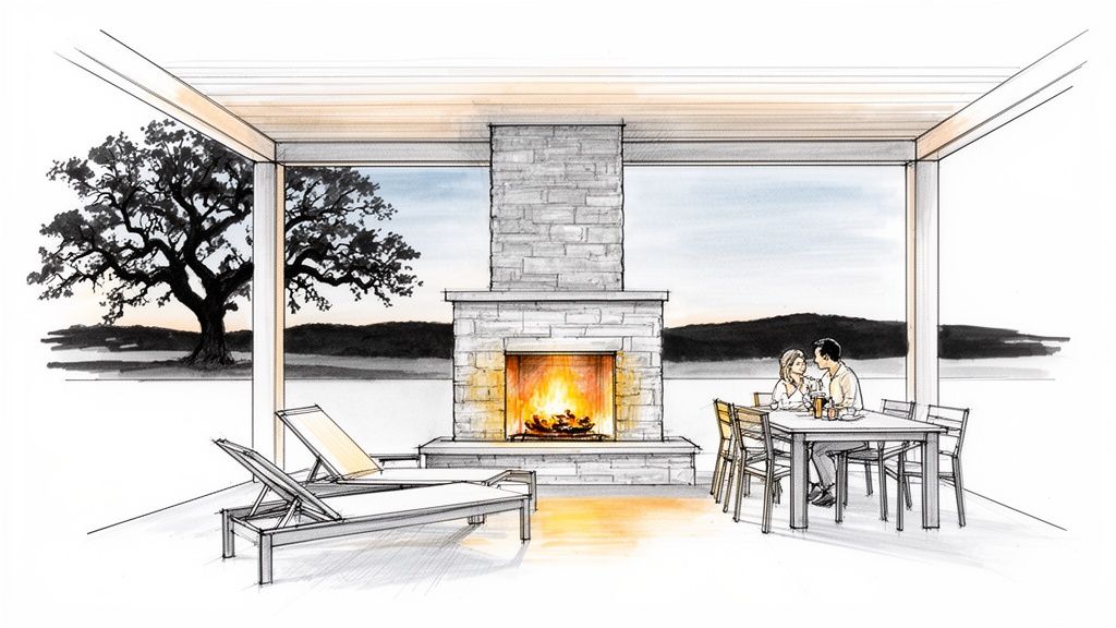 An outdoor covered patio with a stone fireplace, lounge chairs, a dining table, and two people enjoying the view.