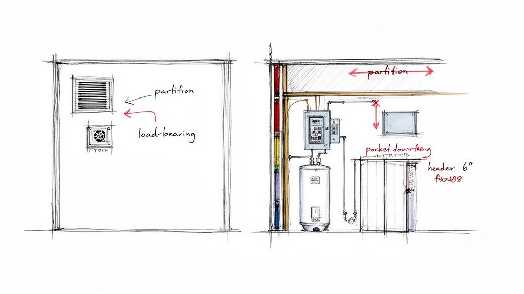 Detailed architectural sketches illustrating building partitions, load-bearing walls, water heater, electrical panel, and pocket door components.