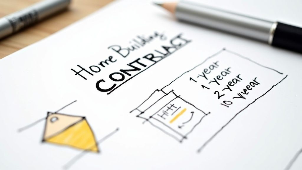 Close-up of a 'Home Building Contract' concept with handwritten notes, drawings, a pencil, and a pen.