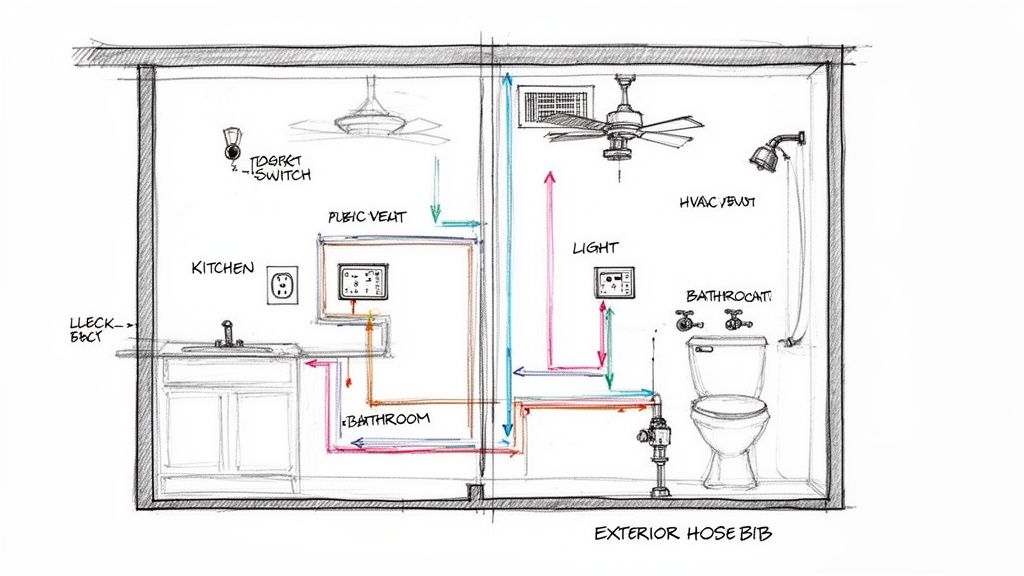 Cross-section sketch illustrating plumbing, drainage, and HVAC systems in a kitchen and bathroom layout.