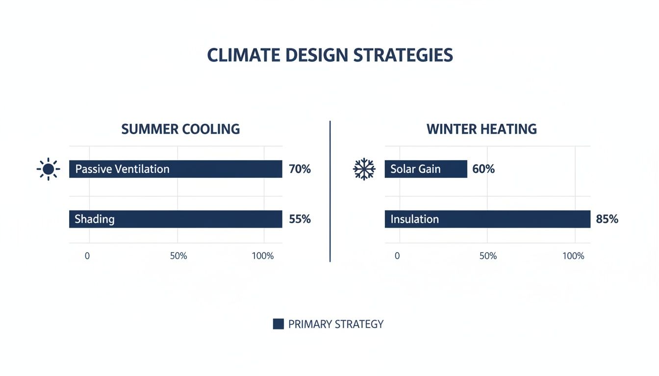 Bar chart showing climate design strategies: Summer Cooling (Passive Ventilation 70%, Shading 55%) and Winter Heating (Solar Gain 60%, Insulation 85%).