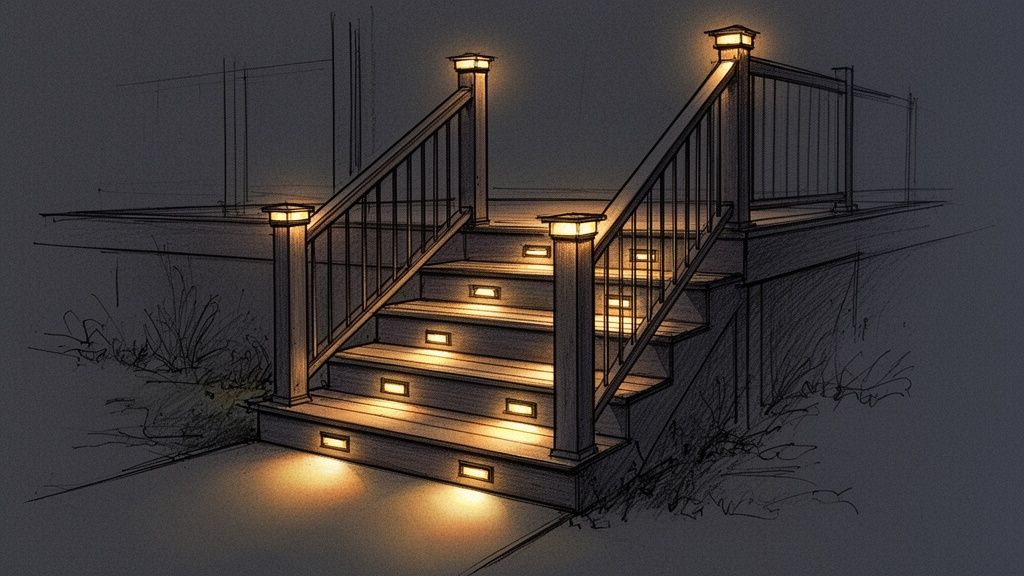 An architectural sketch of outdoor stairs with warm integrated lighting and illuminated newel posts.