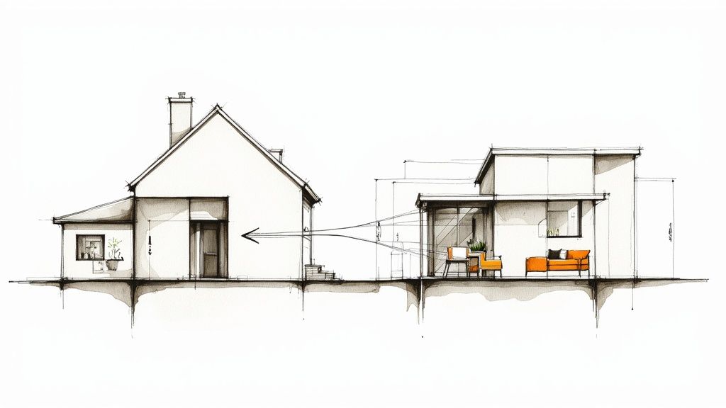 Architectural sketch depicting a traditional house on the left and a modern home addition on the right, connected by an arrow.
