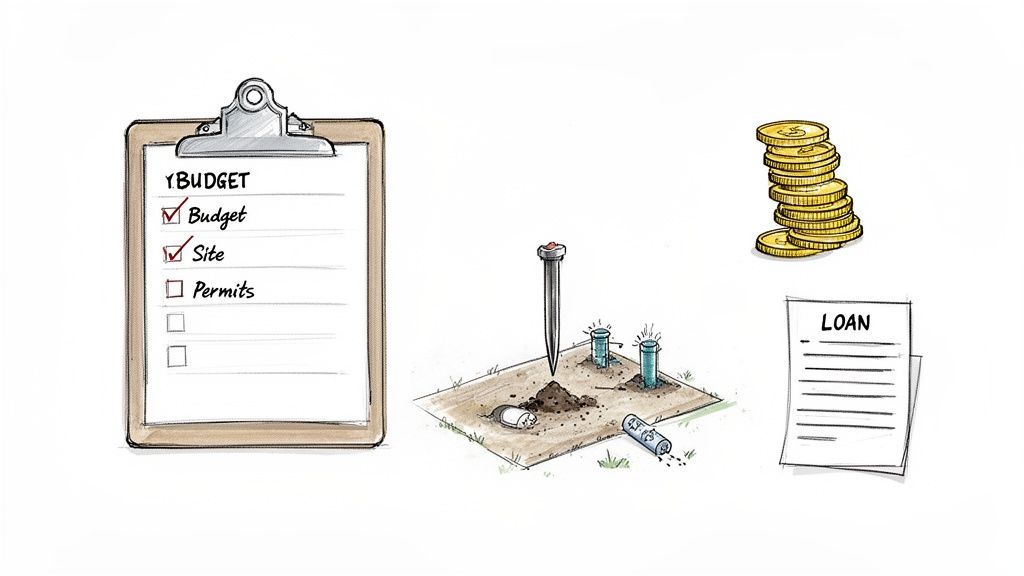 Illustration of a clipboard checklist for budget and site, money, a loan document, and construction site preparation.