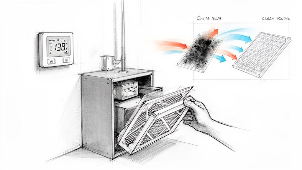 Illustration of a hand replacing a dirty furnace filter with a clean one, improving airflow.