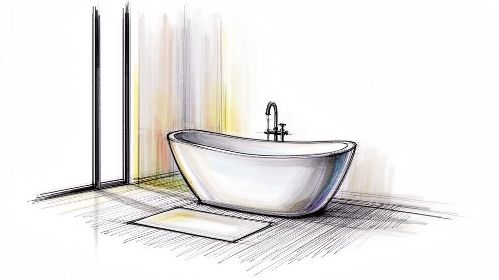Architectural sketch depicting a stylish freestanding tub with a floor faucet and bath mat.