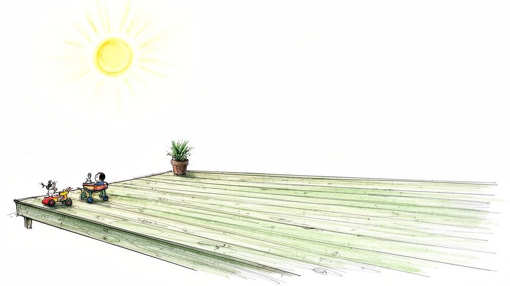 A bright, hand-drawn illustration of a wooden deck with a potted plant and two small figures playing with toys under a shining sun.