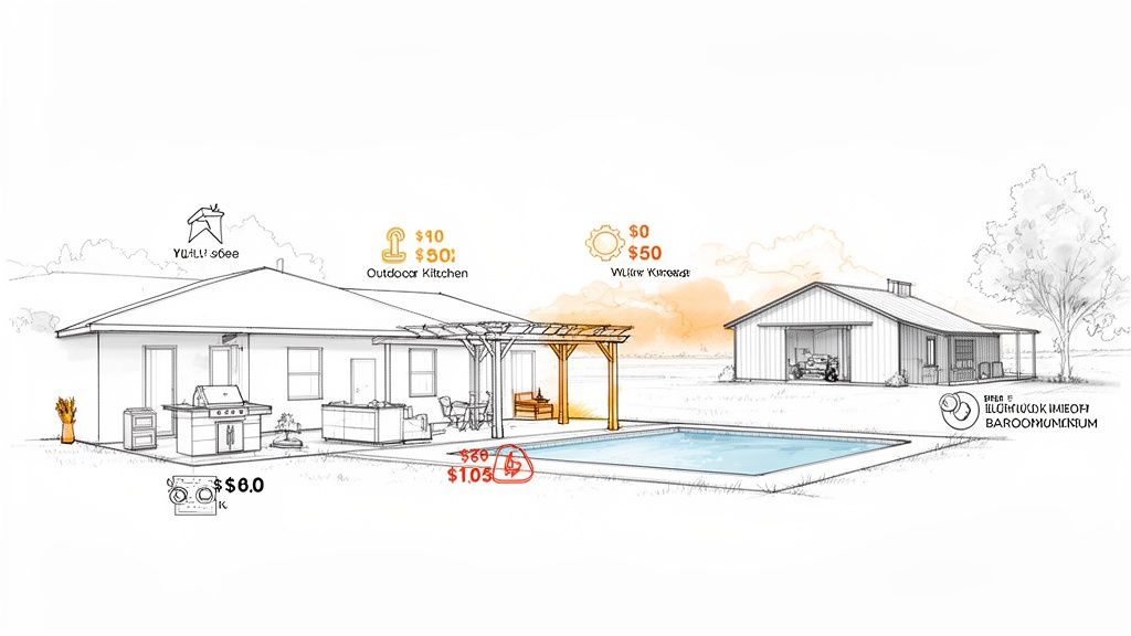 Architectural sketch of a house, outdoor kitchen, pool, and barn, illustrating property features and associated costs.