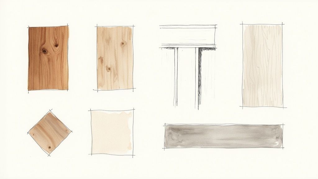 Watercolor sketches of various wood planks, material swatches, and a structural drawing related to interior design.