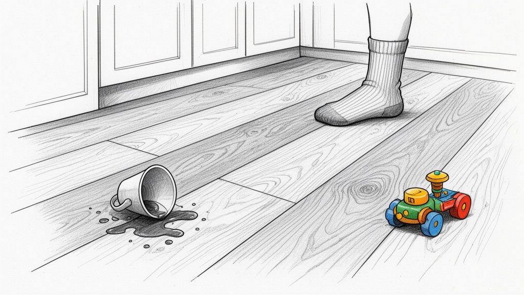 A pencil drawing of a spilled drink on a wooden floor with a person's foot and a colorful toy train.