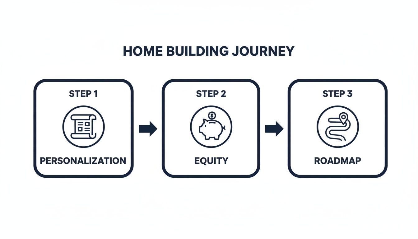 Diagram illustrating the three steps of a home building journey: personalization, equity, and roadmap.