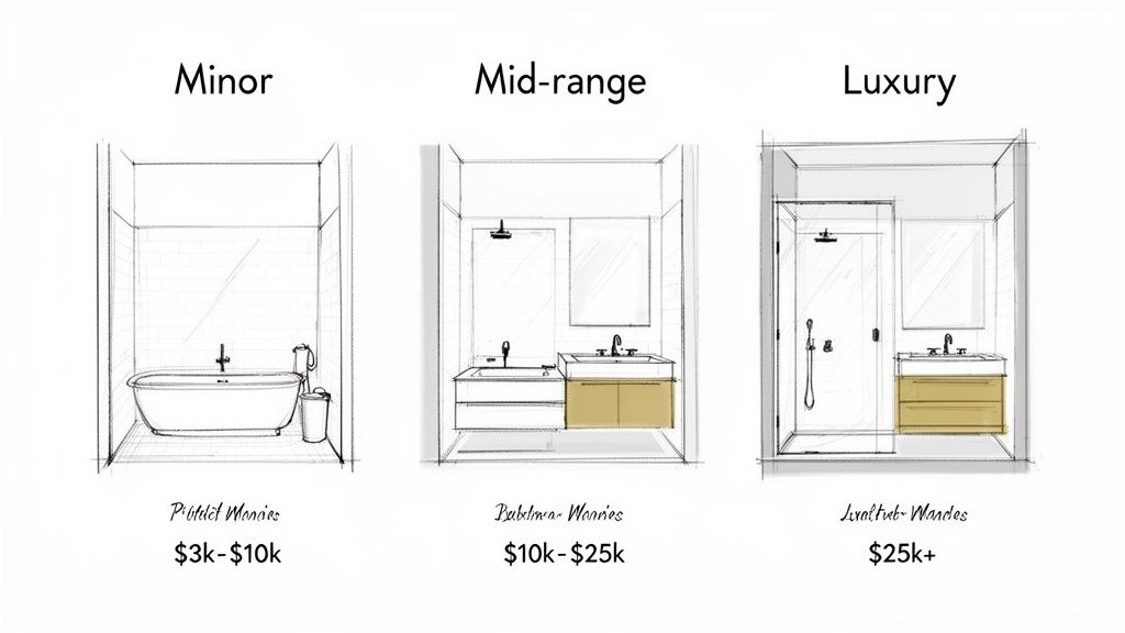 Sketches illustrating minor, mid-range, and luxury bathroom remodels with their estimated costs.