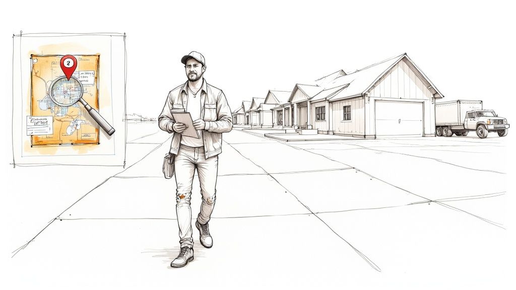 A man walks down a street, holding papers while surveying a row of houses.