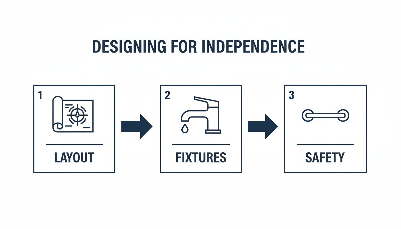 Infographic detailing three steps for designing for independence: layout, fixtures, and safety.