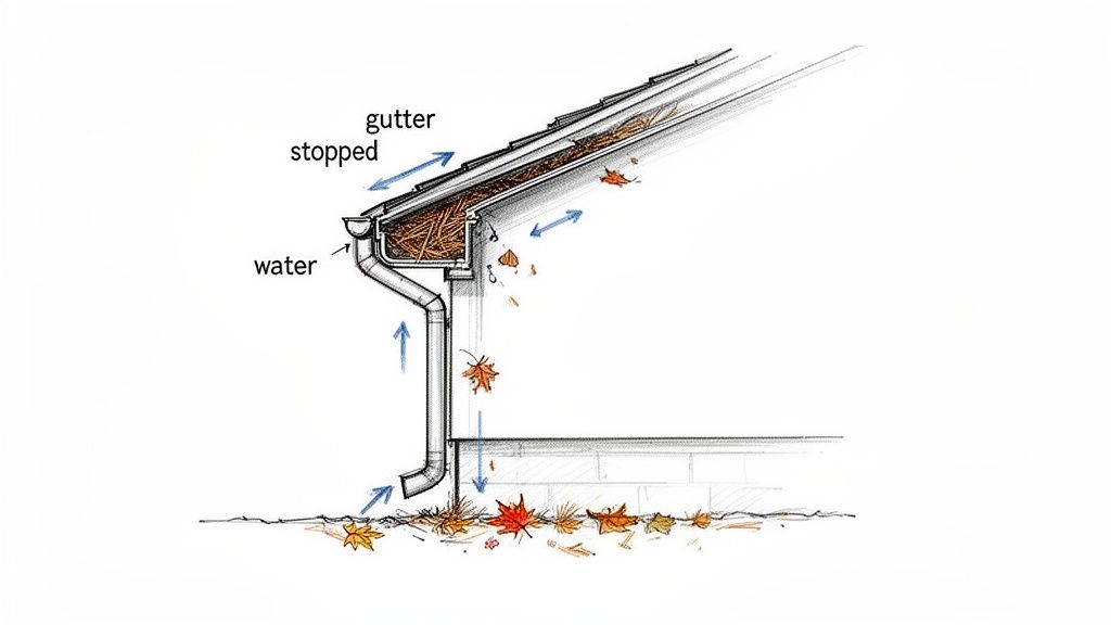 An illustration shows a clogged gutter overflowing with water and leaves, demonstrating a common fall home maintenance issue.