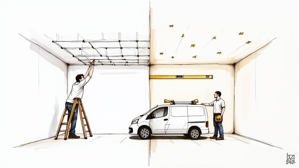 Two contractors installing suspended grid ceiling system in garage with white van and tools