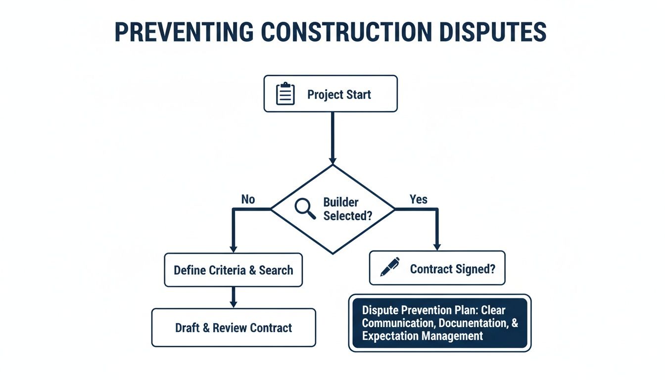Flowchart illustrating steps to prevent construction disputes, including builder selection, contract drafting, and a comprehensive dispute prevention plan.