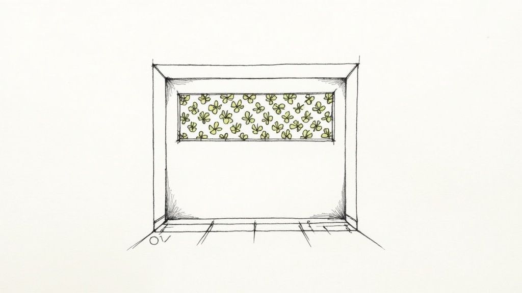 Empty mud room alcove with decorative yellow floral wallpaper panel on upper wall section