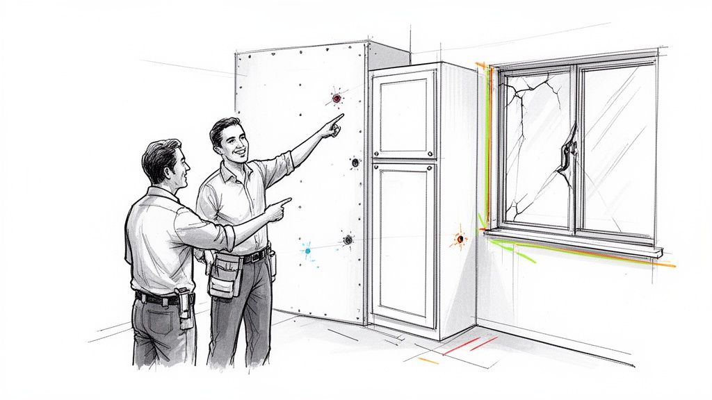 Two men, possibly inspectors, pointing at a wall, kitchen cabinet, and a broken window.