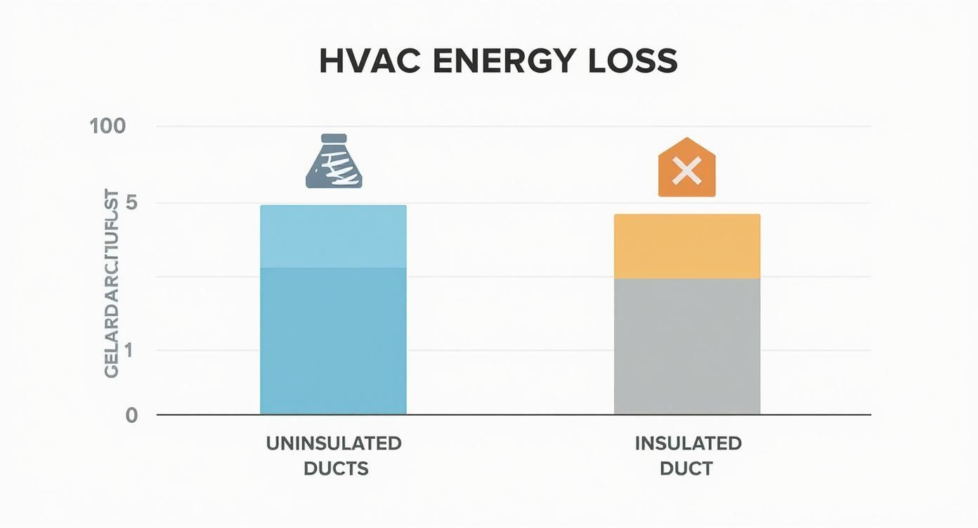 A bar chart illustrating HVAC energy loss, comparing uninsulated and insulated duct systems.