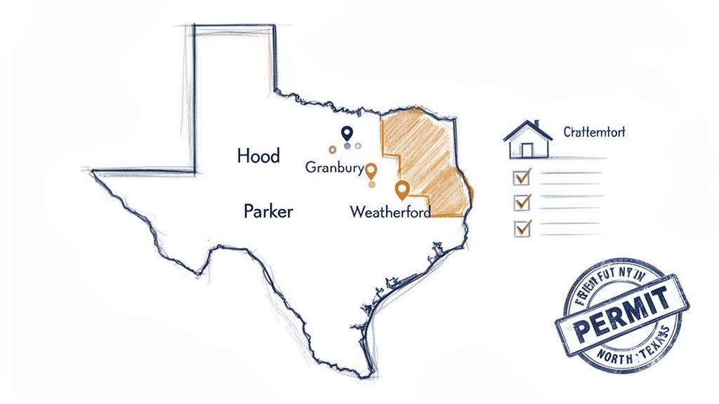 Map of Texas highlighting counties, cities Granbury and Weatherford, and a 'PERMIT North Texas' stamp.