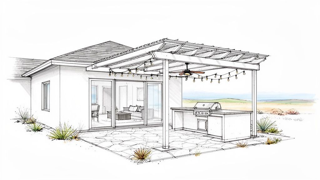 A detailed sketch of a ranch-style home's patio featuring a pergola, outdoor kitchen, and desert landscape.