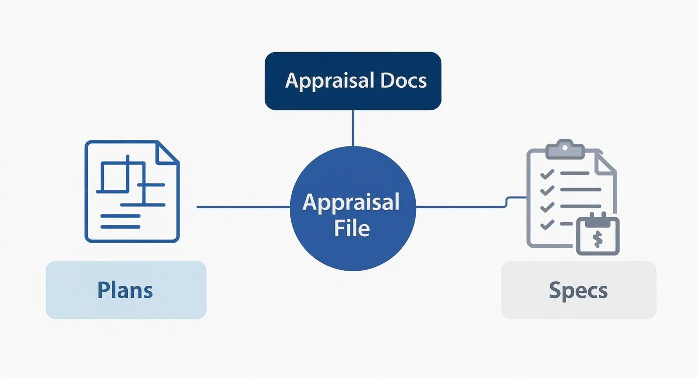 A diagram illustrating an appraisal file linked to appraisal documents, plans, and specifications.