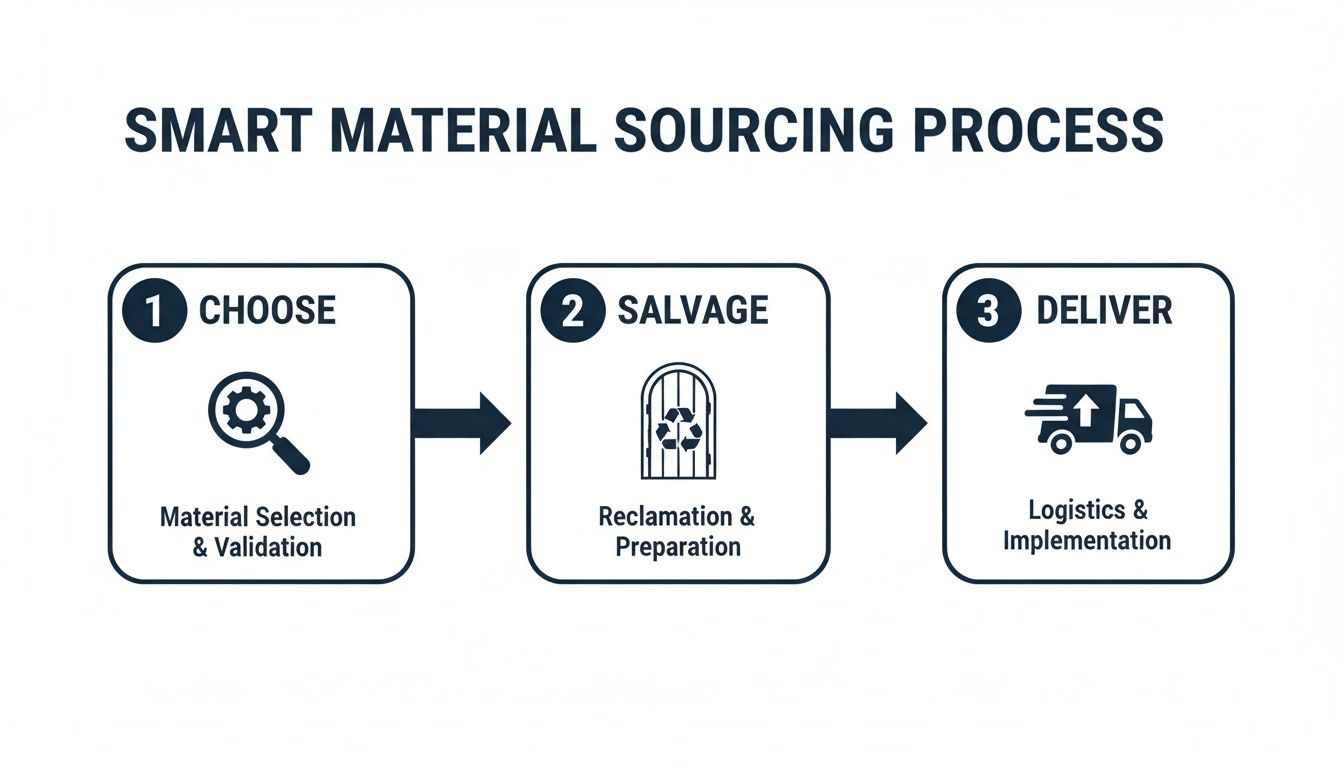 A three-step diagram illustrates the smart material sourcing process: choose, salvage, and deliver.