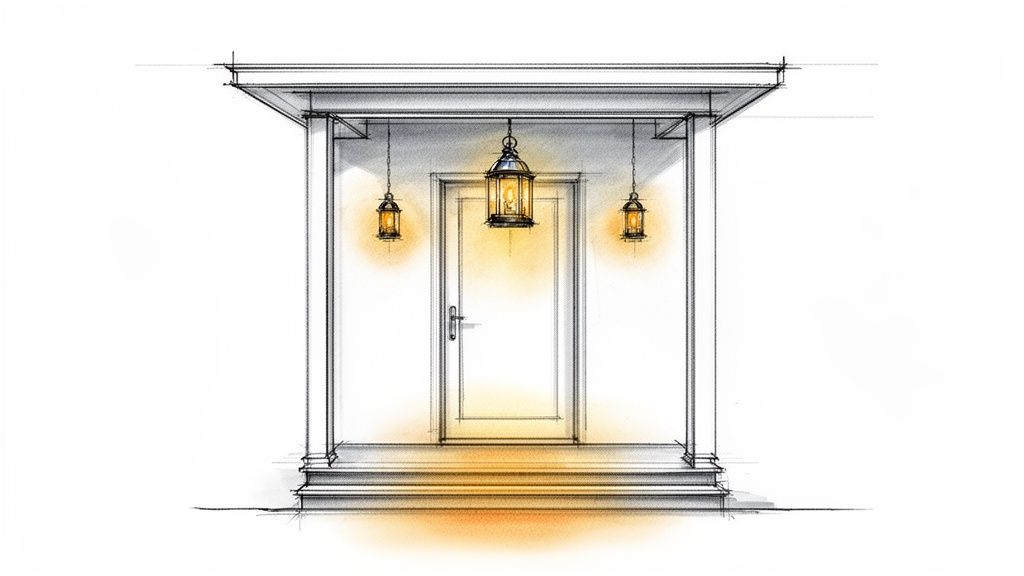 A warm sketch of a welcoming front porch with an entry door and three glowing hanging lanterns.