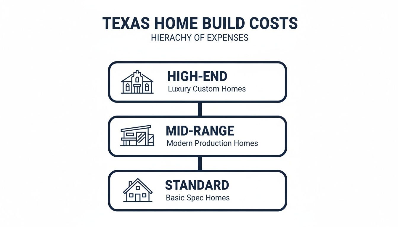 A hierarchical diagram showing Texas home build costs categorized into High-End, Mid-Range, and Standard.