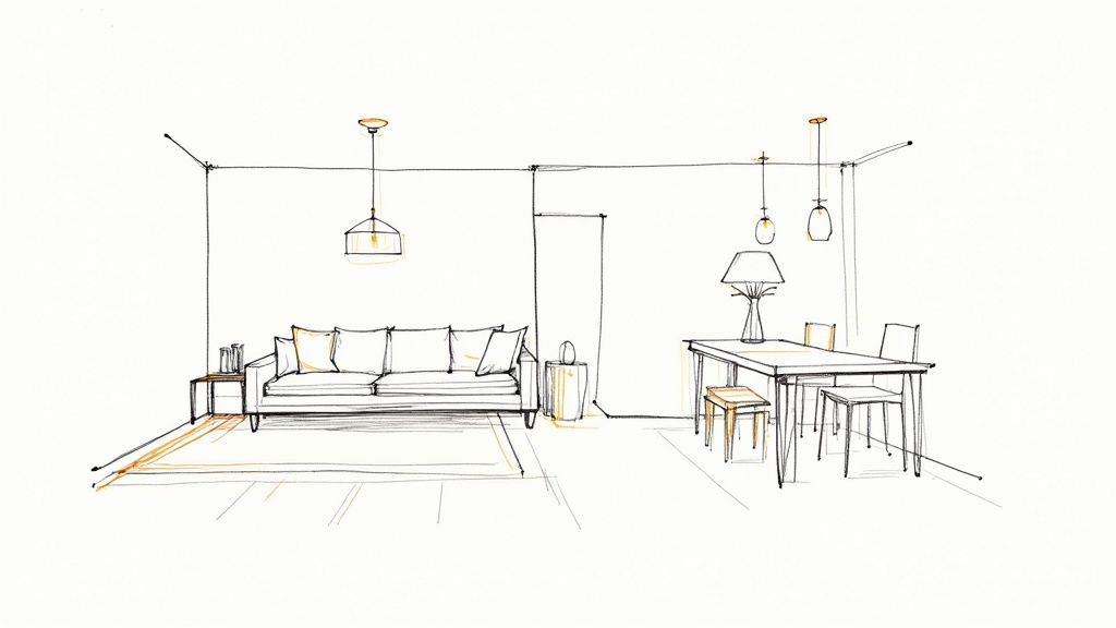 Modern open concept living room and dining area interior design sketch with furniture
