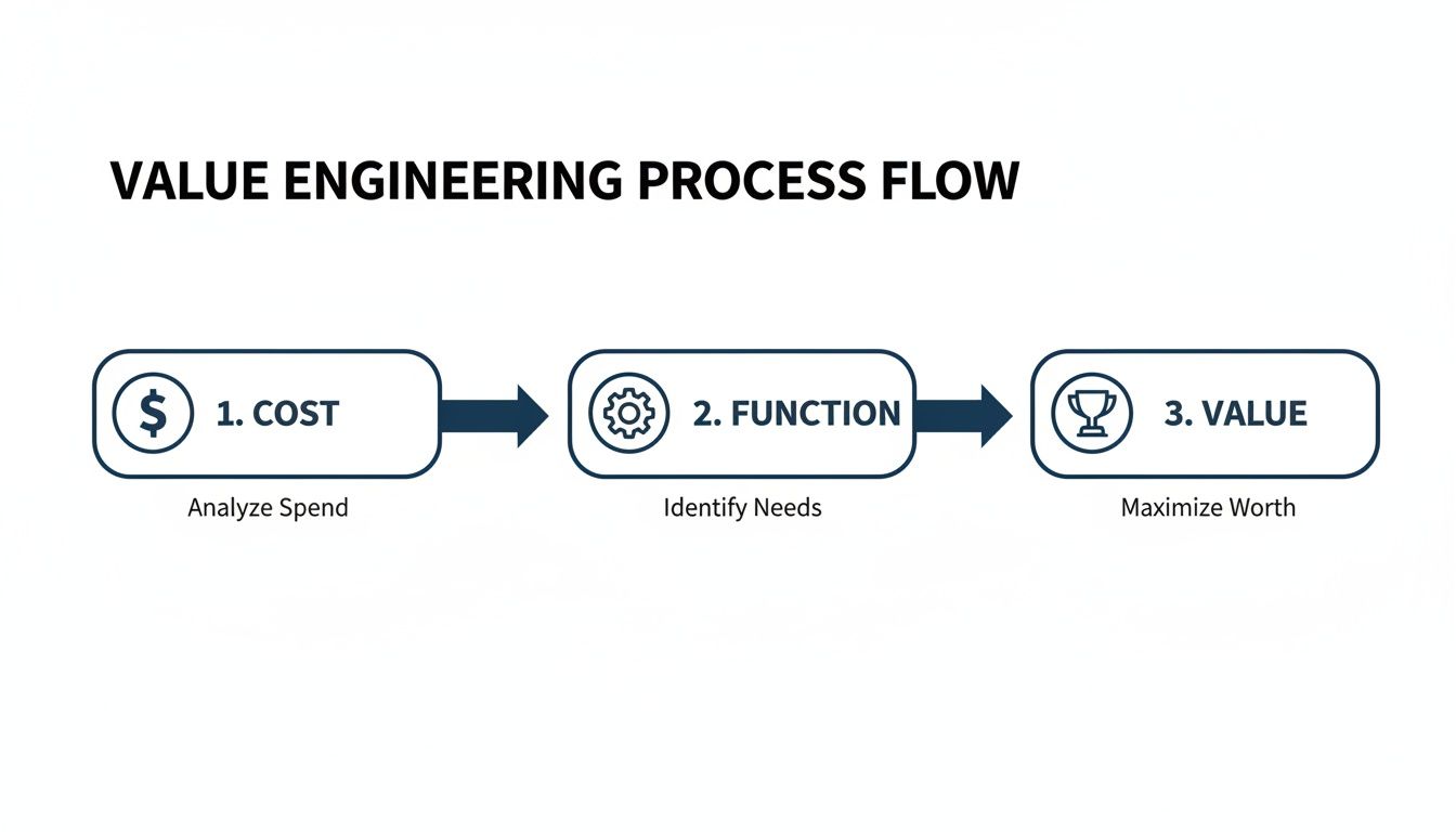 Flowchart illustrating the Value Engineering Process with steps: Cost, Function, and Value.