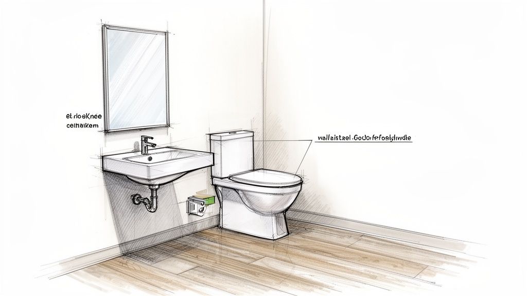 A sketch of a modern wheelchair accessible bathroom featuring a sink, mirror, toilet, and wooden floor.